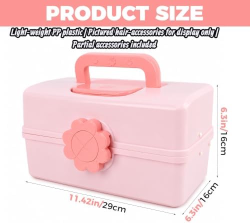 Hair Accessories Organizer for Girls, Portable 3-Layer Folding Storage Box with Handle, Organizer for Hair Clips, Bows, Headbands & Hair Ties, 11.4 x 6.3 x 6.3 Inch - Image 2
