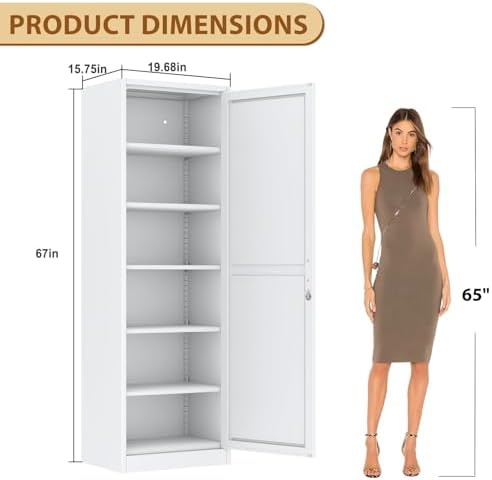 Tall Metal Narrow Bathroom Storage Locker Cabinet 67" H, White Kitchen Pantry Cabinets,File Cabinet Organizer with 5 Adjustable Shelves and Lockable Doors for Kitchen Home Office Living Dining Room - Image 2