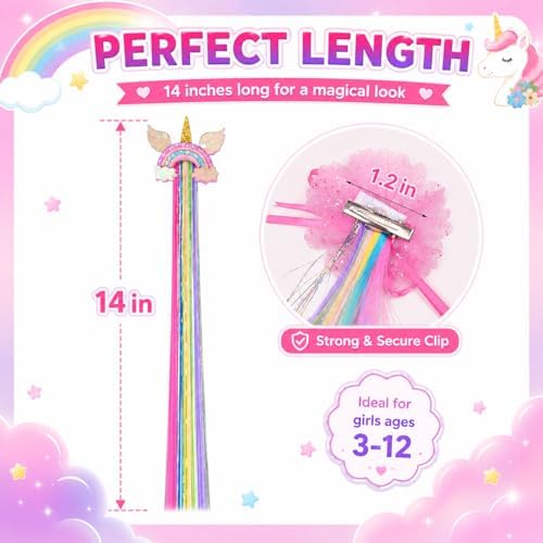 6 Set Rainbow Colored Straight Hair Clips with Unicorn Accessories - Thick Wig Bangs and Ponytail Extensions for Girls - Image 6