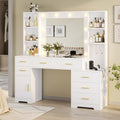 Hasuit 48.8'' Large Vanity Desk with Lighted Mirror & Power Outlet, White Makeup Vanity Table with 6 Drawers, 4 Shelves and 1 Storage Cabinet, Glass Tabletop Bedroom Dressing Table, 3 Lighting Modes by Hasuit