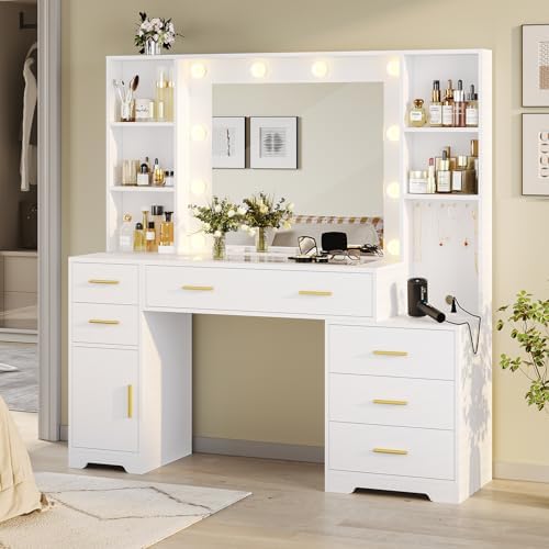 Hasuit 48.8'' Large Vanity Desk with Lighted Mirror & Power Outlet, White Makeup Vanity Table with 6 Drawers, 4 Shelves and 1 Storage Cabinet, Glass Tabletop Bedroom Dressing Table, 3 Lighting Modes by Hasuit