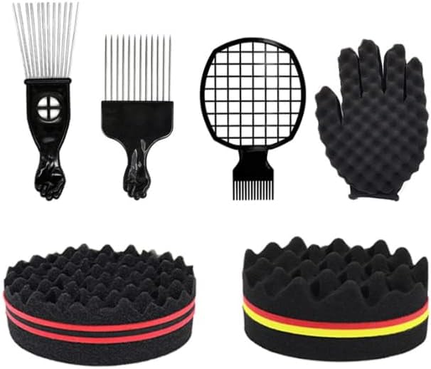 Hair Sponge Set, Magic Curl Glove, Afro Brush, Metal Pick Comb, and Twist Comb for Hairstyling (Black-6Pcs) - Image 2