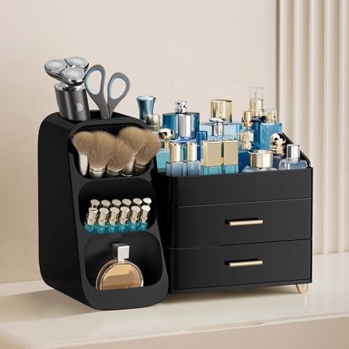 HBlife Cologne Organizer for Men Makeup Organizer with Brush Holder for Vanity, Large Plastic Bathroom Countertop Organizer Skin Care Storage, Fathers Day Gift for Dad Husband, All Black - Image 2