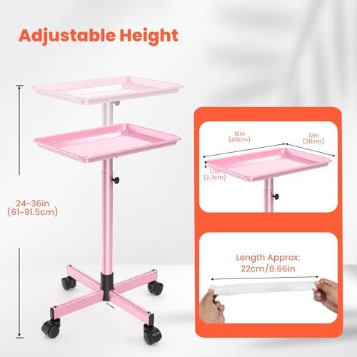 TASALON Rolling Salon Service Cart with Tray Top, Height Adjustable, Aluminum Rolling Tray Trolley for Salon Essentials, Adjustable Heightfor Hairstylist Tray 10 PCS Disposable Salon Tray Cover,Pink - Image 2