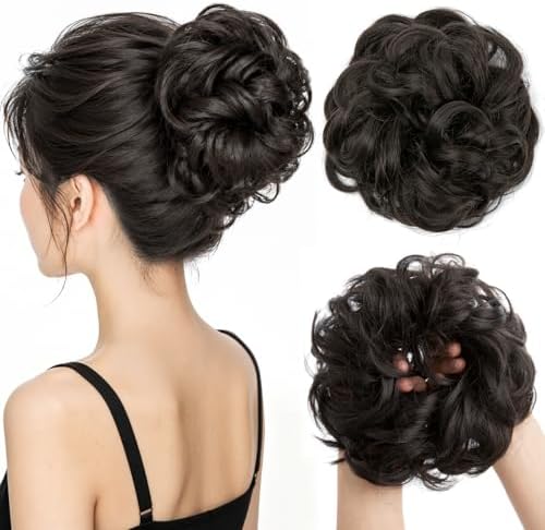 CJL HAIR Large Messy Bun Hair Piece Wavy Curly Scrunchies Synthetic Chignon Ponytail Hair Extensions Thick Updo Hairpieces for Women Brown Black by CJLHAIR
