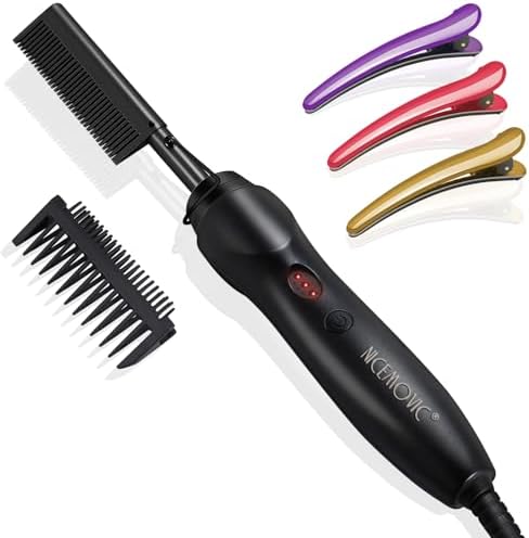 NICEMOVIC Ceramic Heating Hair Straightener Comb - Hot Pressing Brush for Natural Black Hair, Beard Wigs, and Curling (Black) by NICEMOVIC