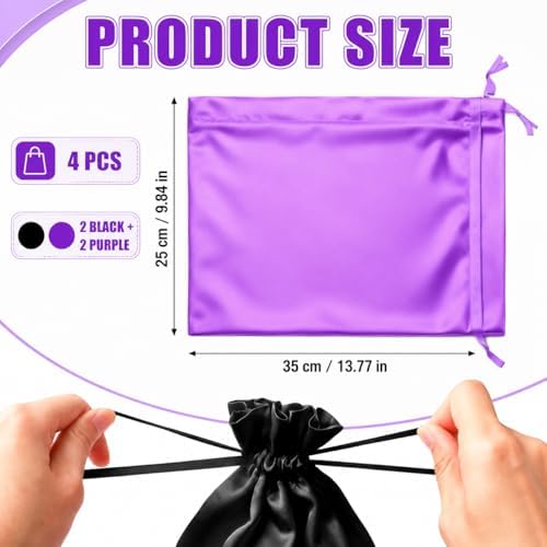 4-Pack Satin Wig Bags with Drawstrings, Purple & Black Storage Pouches Silk Hair Storage Bags for Multiple Wigs, Hair Extensions, Weave Bundles, and Braids, Gift & Travel Bag Storage Sacks - Image 2