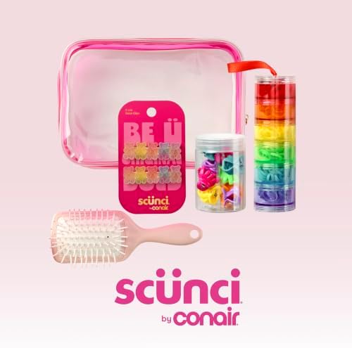 Scunci by Conair Hair Accessories Kit for Women, Hair Clips, Hair Ties & Mini Hair Brush Set, Travel Hair Essentials with Rainbow Polybands & Clear-Sided Storage Pouch, Pink - Image 2
