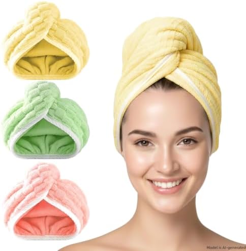 3 Pack Microfiber Hair Towel Wrap for Women, Fast Drying Hair Turban with Button, Anti-Frizz Large Hair Towel for All Hair Styles, Soft & Absorbent Hair Drying Towel by YHPDYL