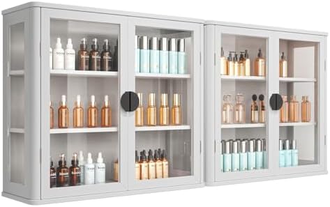 FIMELLO 56’’W Wall Cabinet with Tempered Glass Doors, Bathroom Cabinet Wall Mount, Kitchen Wall Cabinet, Floating Cabinet for Bathroom, Wall Mount Salon Station for Barber, Beauty, White by FimelloHome