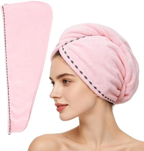 Microfiber Hair Towel Wrap 2 Pack Hair Drying Towel with Button for Women Hair Towel Turban Quick Dry Anti-frizz Absorbent Head Towel Pearl Pink by MakemadeDIY