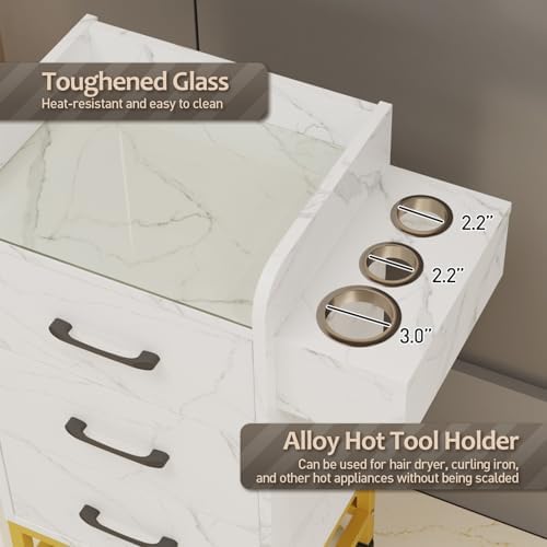 Salon Storage Trolley Cart with Glass Top, Rolling Barber Station (White) - Image 5