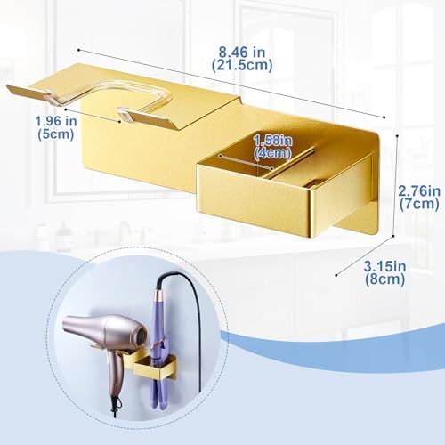 Hair Dryer Holder Wall Mounted, Hair Straightener Holder Metal, Adhesive Blow Dryer and Hair Straightener Holder, Bathroom Bedroom Hair Tool Organizer for Flat Iron,Curling Iron,Hairdryer (Gold) - Image 6