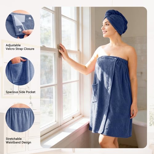Women's Adjustable Microfiber Bath Towel Wrap with Hair Towel - Blue - Image 2