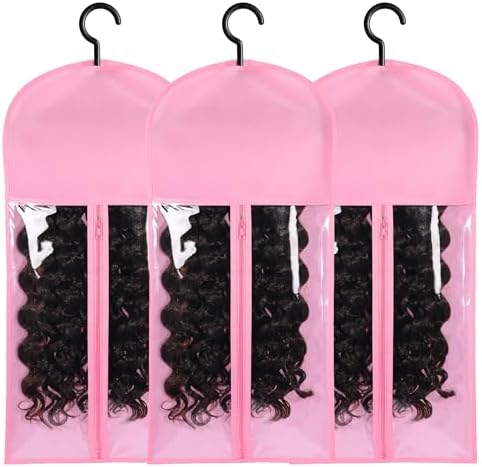 3PCS Hair Extension Holder Dust-proof Bags with Hanger Portable Storage for Multiple Wigs Holder Stand with Transparent Zip Up Closure by AIHOPESTO
