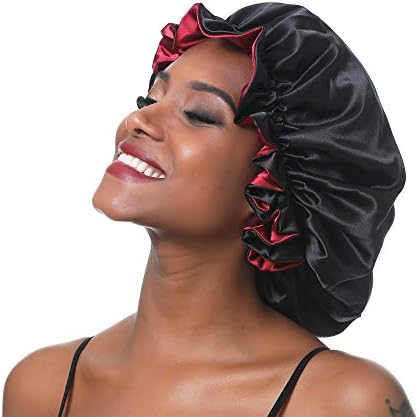 Women Large Satin Bonnet Adjustable Silky Sleep Cap Hair Bonnet Double Layered Reversible for Curly,Natural Hair (XL-Adult, XL Black-Red) by SENGTERM