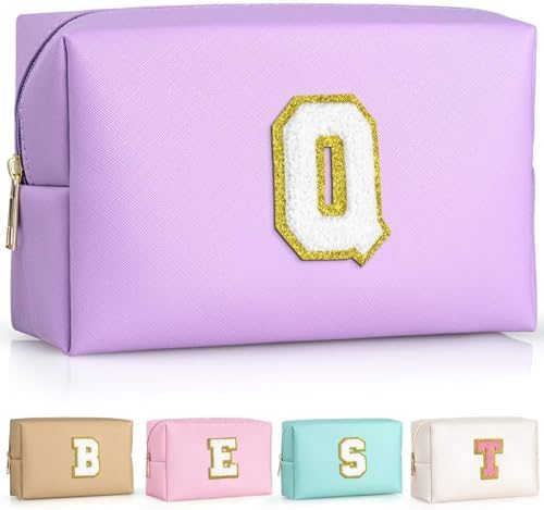 TOPEAST Initial Makeup Bag for Travel, Chenille Letter Pouch Cosmetic Bag, PU Leather Waterproof Toiletry Bag, Personalized Gifts for Bride Bridemaids, Cute Things for Girls (Purple Q) by TOPEAST