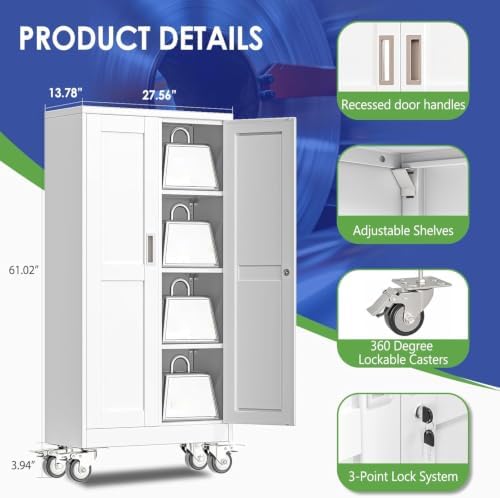 61" Metal Garage Storage Cabinet with Wheels and Locking Doors and Tall Rolling Steel Tool Cabinet with 3 Adjustable Shelves for Garage,Home,Office,Shop (White, 61''H x 28''W x14''D) - Image 3