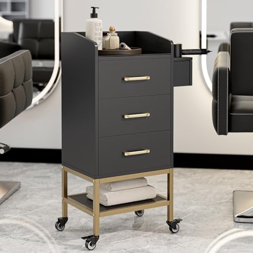 4-Tier Salon Station for Hair Stylist,Black Beauty Barber Storage Station w/Glass Top, 3 Drawers, Hair Dryer Holders, Lockable Wheels for Barber Station, Salon Storage Equipment - Image 3