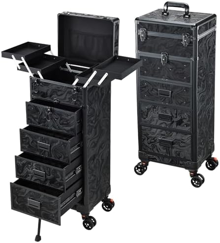 Stagiant Rolling Makeup Case with Drawers Cosmetology Case on Wheels 5 IN 1 Makeup Case 4 Drawers with Foot Stand Spring-release Mechanism Rolling Make Up Organizer for Artist Salon Nail Teach Trunk by Stagiant