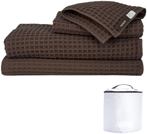 Luxury Organic Japanese Cotton Waffle Bath Towel | Thick, Absorbent, Quick Dry Bathroom Towels for Shower, Sauna, Onsen| Hotel & Spa Quality, Gift-Ready (Dark Cocoa, Complete Set (4-Piece)) by KOSMU