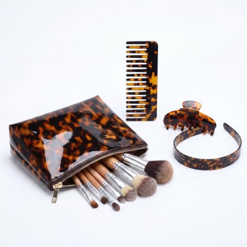 Thiccywoov 4 Pcs Tortoise Shell Makeup Bag with Hair Accessories Set for Women, Travel Cosmetic Pouch, Wide Headband, Large Claw Clip, Wide Tooth Comb, Retro Hair Styling Gift Set by Jgiusenfg