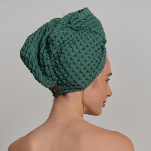 Luxury Organic Japanese Cotton Hair Drying Waffle Towel Wrap for Women | Absorbent, Quick-Dry Head Turban for Shower, Sauna, Spa | Extra Large for Long, Curly, Straight Hair With Button (Green, 2 Pc) - Image 4