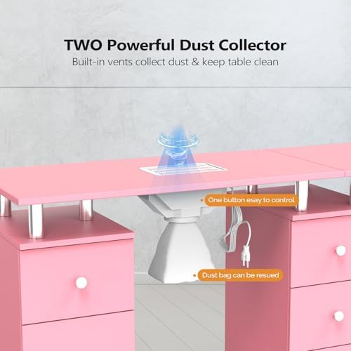 OmySalon Double Manicure Table w/Dust Collector, Nail Table Station for Nail Tech, Makeup Desk w/Wheels Arm Rest Drawers Cabinet Storage, for Beauty Spa Salon, Acetone Resistant (Pink) - Image 3