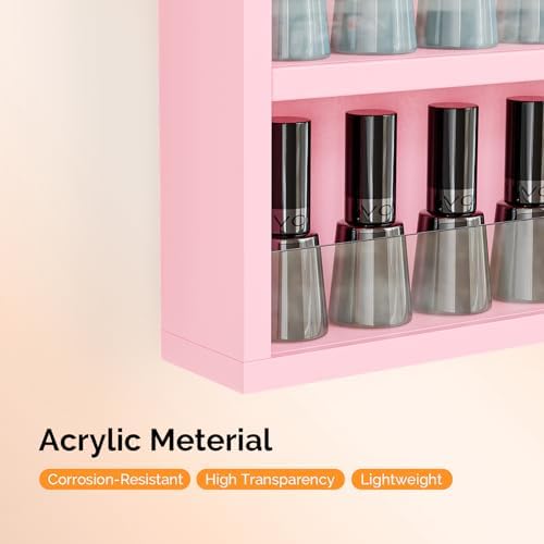 OmySalon Nail Polish Organizer Wall Mount - Holds 200 Bottles with Acrylic Barrier, Salon Display Rack for Home Spa & Nail Studio - Assembly Required, Wooden Polish Storage (Pink, 6-Tier) - Image 4