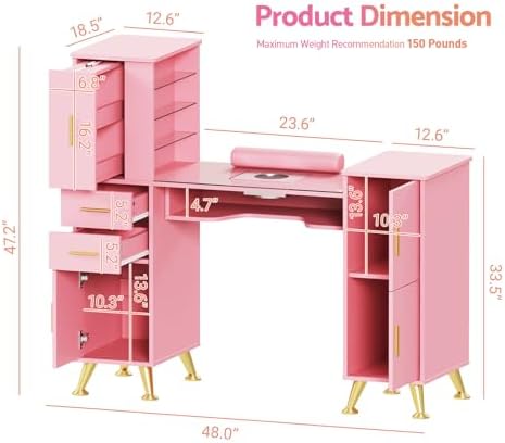 Kikihouse Nail Desk Manicure Table with Dust Collector & Glass Top (Pink) - Image 3
