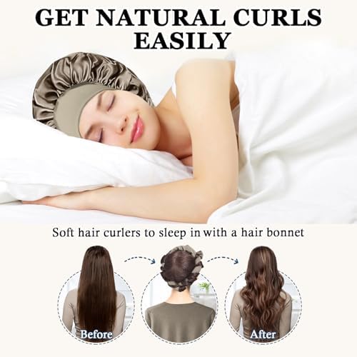 Gwabee Heatless Curls Overnight Hair Curlers to Sleep In, 9 PCS Velvet Heatless Hair Curler Overnight Curls for Women Long Hair Volumes, Heatless Curling Waves Set with Sleep Bonnet - Light Brown - Image 2