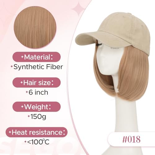 SEGO Unisex Vintage Baseball Cap with Hair Extensions for Women Synthetic Hair Attached Short Straight Hairpiece Khaki Baseball Cap Wig Adjustable Hat Wigs for Women 6 Inch 18A Light Blonde - Image 5