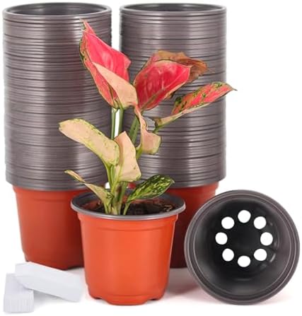 JERIA 100-Pack 4 Inch Plastic Plant Nursery Pots Come with 100 Pcs Plant Labels, Seedling Flower Plant Container and Seed Starting Pots by JERIA