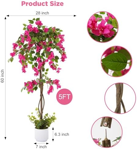 5FT Artificial Bougainvillea Tree, Tall Faux Bougainvillea Plant with Vibrant Pink Flowers, Large Potted Fake Tree for Indoor Living Room, Office, Patio, Porch, and Garden Decoration - Image 3