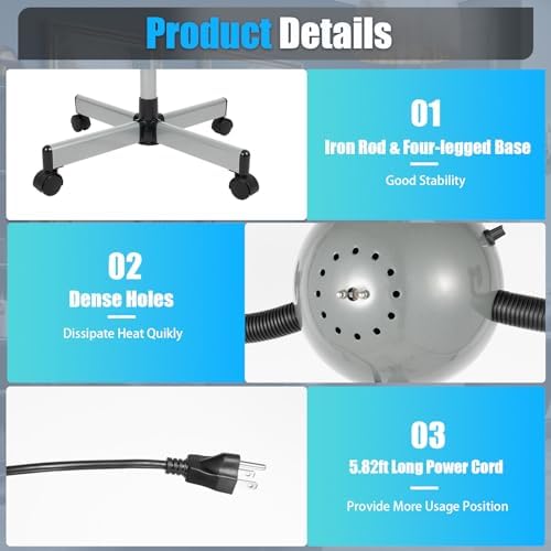 Perm Steamer, 5 Head Infrared Heater with Rolling Base - 750W Hair Drying and Perming Machine, Adjustable Height - Image 7