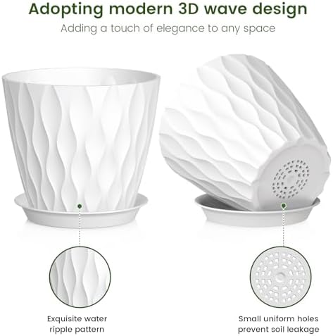 Meowell 7 inch Plant Pots for Indoor Outdoor Plants, 5 Pack Thick Nursery Pots with Drainage Holes and Saucers, 3D Modern Wave Texture Plastic Planter Pots for Flowers and House Plants, Multicolor - Image 3