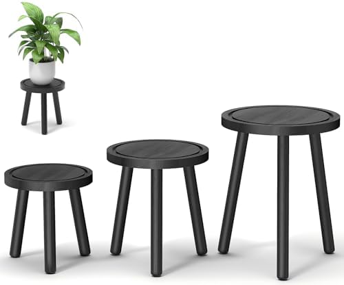 3-Pack Wood Plant Stands Indoor, Single Plant Stand for 6-12 Inch Pots, Mid-Century Modern Plant Stool, Tall Plant Stand for Large Plants for Living Room, Balcony, Office (Black) by Unknown