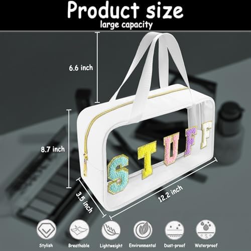Bunliuys Chenille Letter Clear Makeup Bag Stuff Patch, Travel Toiletry Makeup Bag with Handle, Nylon Waterproof Makeup Bags clear cosmetic bag, preppy patch makeup bag for Women (STUFF-White) - Image 2
