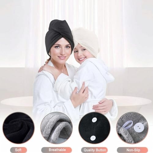 Microfiber Hair Towel Wrap for Women, 2 Pack Super Absorbent Quick Dry Hair Towels with Button, Soft Hair Turban Towel for Curly & Long Hair (Black and White) - Image 5