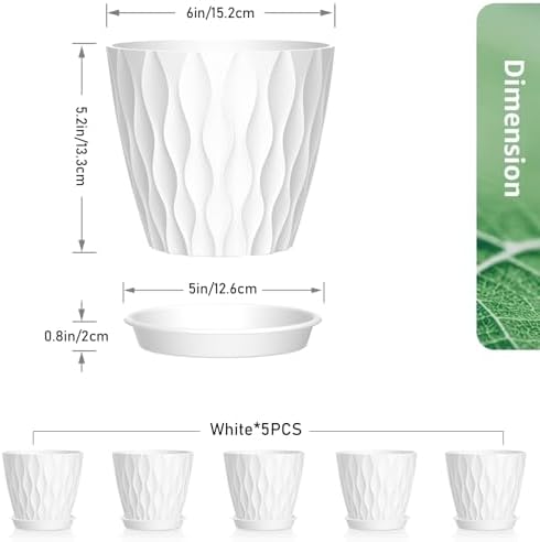 Meowell 6 inch Flower Pots, 5 Pack Plant Pots for Indoor Outdoor Plants, Water Ripples Plastic Planters with Drainage Holes and Saucers, Nursery Pots for Small Succulent Garden House Plants, White - Image 2