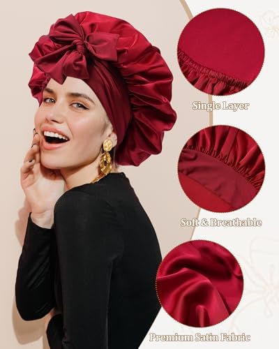 Satin Bonnet for Sleeping Women Silk Sleep Bonnet for Curly Hair Wrap with Elastic Tie Band Night Cap Wine Red - Image 3