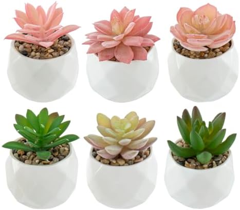 MyGift Pink & Green Artificial Succulent Plants, Ceramic Pots, Set of 6 - Image 7