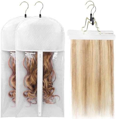 2Pack Hair Extension Storage Bag with Wooden Hanger for Multiple Wigs Hairpieces Portable Wig Bags Hair Storage Rack for for Weft Hair Extensions & Weaves by Unknown