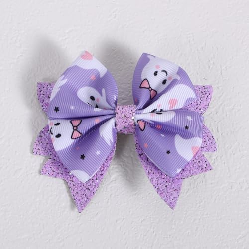 Glitter Halloween Hair Bows for Girls,2 Pack 3.5in Purple Ghost Print Grosgrain Ribbon Bow Clips Alligator Pins for Toddler Kids Teens Women Trick or Treat Gift Party Wear Dress Accessory - Image 6