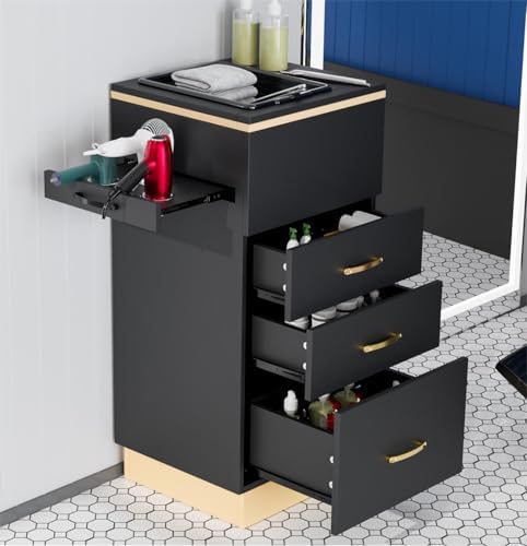 Salon Station Barber Station, Black Salon Stations for Hair Stylist, Hair Storage Cabinets with a Storage Basin, 3 Drawers & 3 Hair Dryer Holders, Beauty Salon Spa Equipment by OmySalon