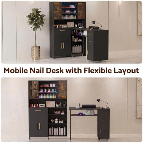 Manicure Table with Dust Collector and LED Display Cabinet (Black) - Image 3