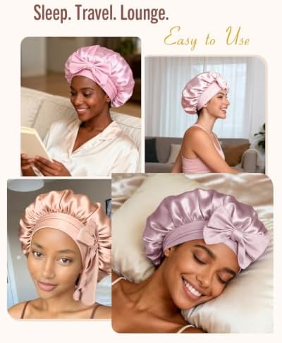 BONNET QUEEN Silk Bonnet for Sleeping Women Satin Bonnet Night Sleep Cap Wrap for Curly Hair with Adjustable Tie Band, Single Layer, Grey Rose Gold - Image 5