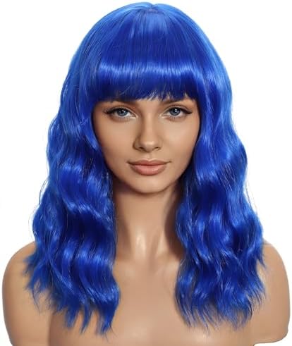Sebas Pastel Bob Wig with Bangs, loose wavy Synthetic Cosplay Wig (Blue) by Sebast