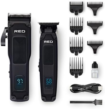 Red by Kiss Cordless Clipper & Trimmer Combo Set for Hair & Beard Grooming, Professional Fade Clipper with Precision T-Blade Trimmer, Rechargeable Haircut Kit for Home & Barber Use (Black) by REDbyKISS