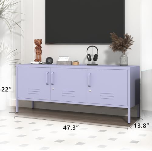 Purple Media TV Stand with Lock, 3 Door Metal Accent Cabinet with Adjustable Shelves, Steel Storage Sideboard for Living Room Bedroom Entrancy 22" H X 47.3" W X 13.8" D - Image 2
